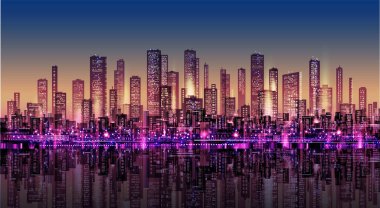 Kentsel vektör şehri geceleri. Skyline şehir siluetleri. Şehir arka planı mimari, gökdelenler, megapolis, binalar, şehir merkezi.