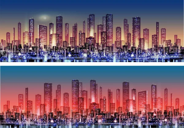 Urbano Vector Paisaje Urbano Por Noche Siluetas Ciudad Skyline Fondo — Vector de stock