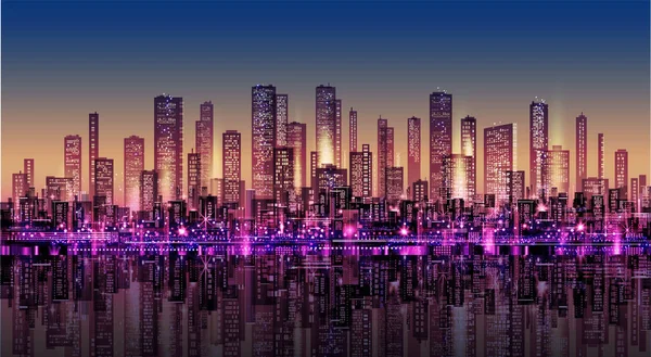 夜の都市ベクトルの街並み スカイライン市のシルエット 高層ビル メガポリス ダウンタウンと都市の背景 — ストックベクタ