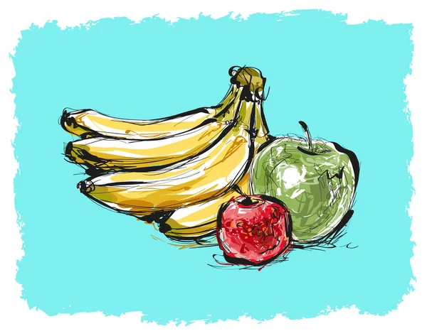 Banana Mela Schizzo Disegnato Mano Vettoriale Illustrazione — Vettoriale Stock