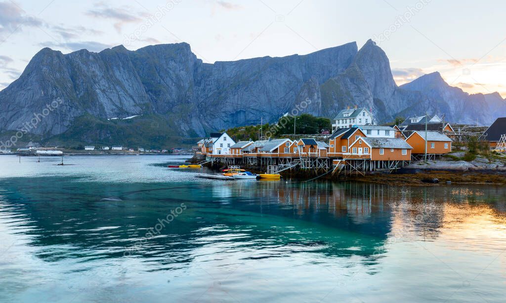 Amazing beautiful nature of Norway. landscape of Lofoten Islands. winter scenery with traditional fisherman Rorbues cabins in village of Sakrisoy. Norway. Iconic location for landscape photographers.