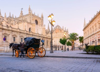 Seville, Spain, Facade of the Cathedral of Gothic in Seville, Spain. Wagons with horses for riding tourists in the background of the cathedral - sunset