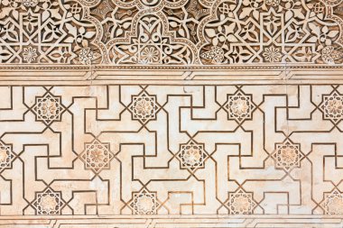 Arap mimarisi. İslami tarzda sıva işi. Granada 'daki Alhambra Sarayı, Unesco' nun Dünya Mirası Alanı. Endülüs, İspanya.