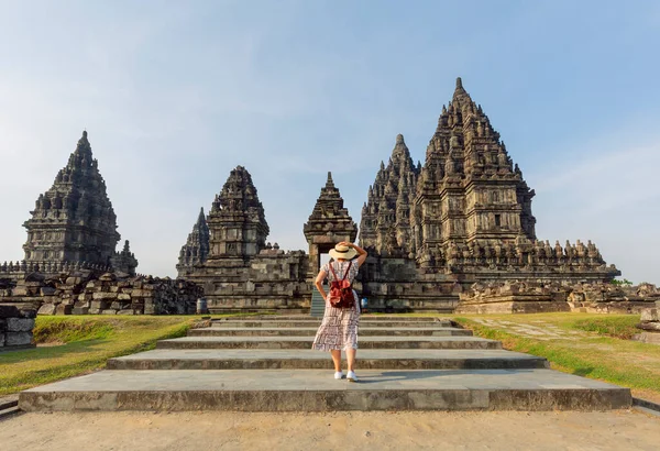 Tourist Looking Landmark Prambanan Temple Asian Woman White Dress Wearing — Fotografie, imagine de stoc