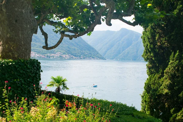 View from Famous Villa del Balbinello of Lake Como Italy. Featured in James Bond Films and cinema. Stunning manicured gardens. Lombardy region, Europe, Alps