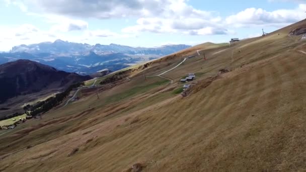 Drone Flyover Italian Dolomites Northern Alps Gardena Pass Iconic Diagonal — Stock Video