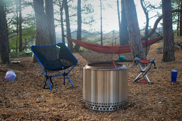 Forest Campsite Fire Pit Camp Chairs Hammock Stavanger Norway Camping — Stockfoto