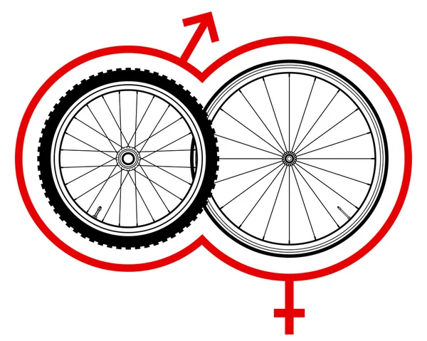 Bicycle wheels with symbols of venus and mars — Stock Vector