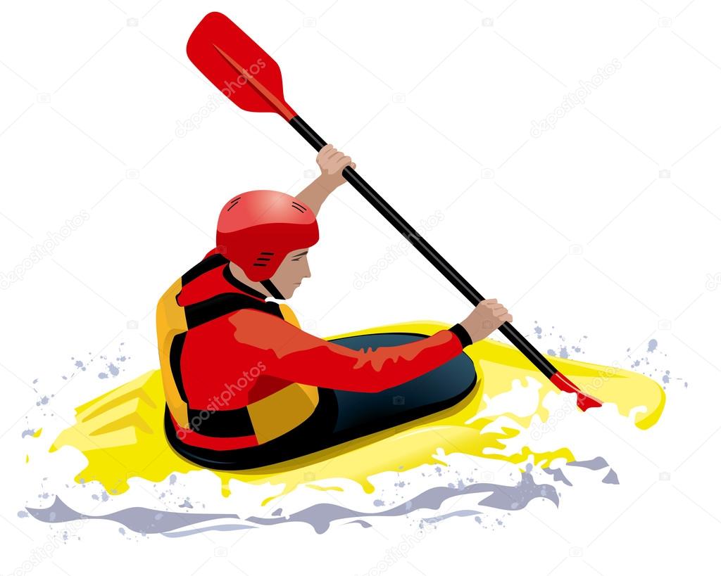 kayaker in red helmet and jacket in yellow boat