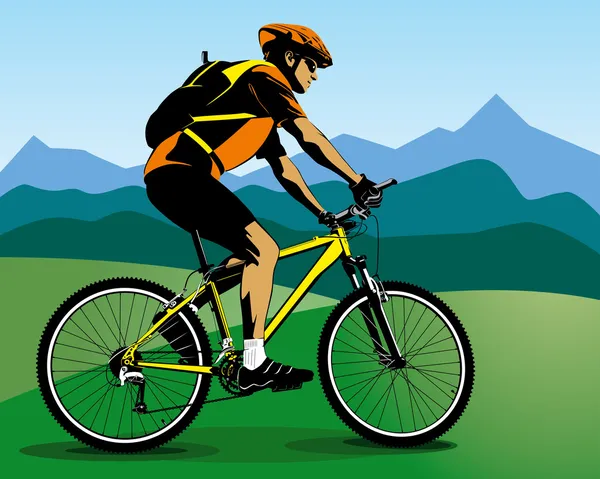 Colour illustration of cyclist and blue mountains — Stock Vector