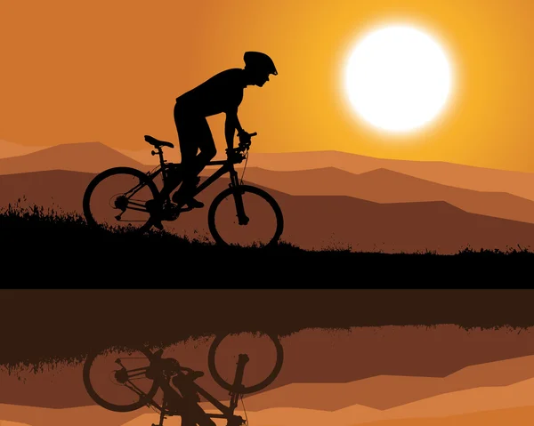 Cyclist on a mountain bike riding along a mountain lake — Stock Vector