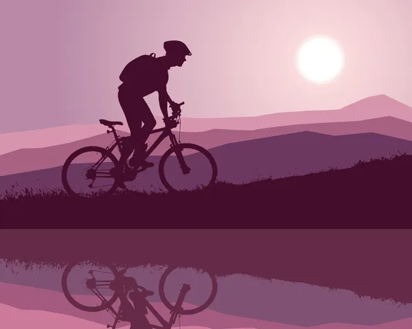 Cyclist on a mountain bike riding along a mountain lake early in the morning — Stock Vector