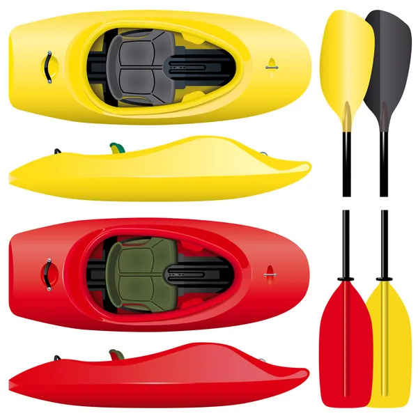 Set of kayaks with paddles in red and yellow colors — Stock Vector