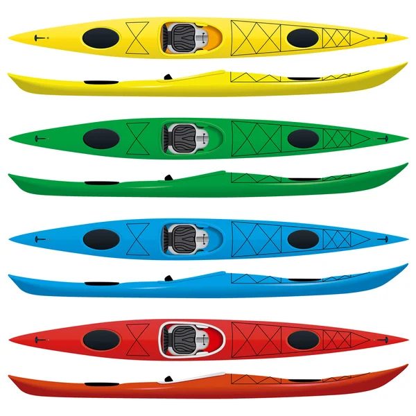 Conjunto de lago itinerante y kayaks de mar en diferentes colores — Vector de stock