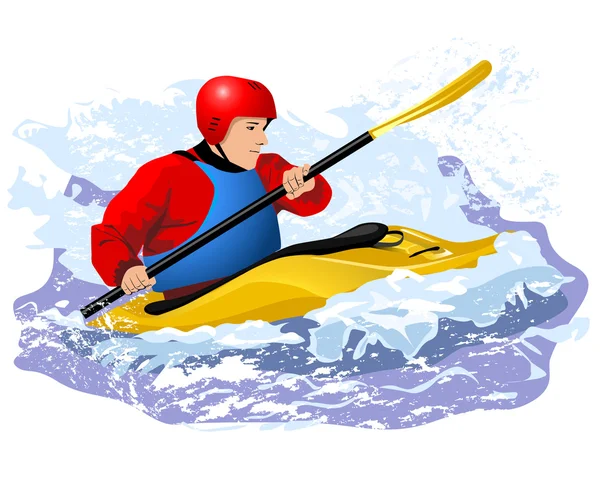 Kayaker in red jacket and blue life vest rawing in waves in yellow boat — Stock Vector