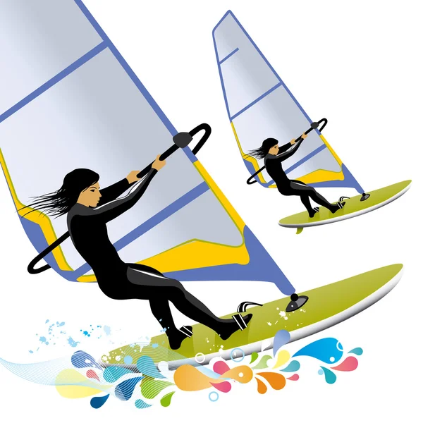 Illustration of windsurfing with color splashes — Stock Vector