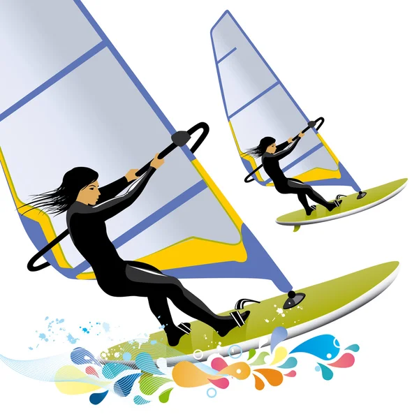 Illustration of windsurfing with color splashes Stock Vector