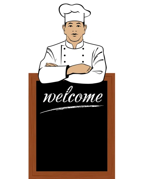 Ilustração vetorial de um cozinheiro com uma placa de giz menu —  Vetores de Stock