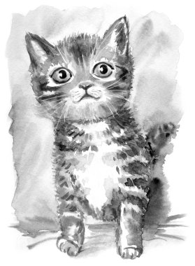 Kanepede oturan küçük kedi yavrusu, siyah-beyaz suluboya illüstrasyon, tebrik kartı, kapak, kitap illüstrasyonu ve diğer tasarımlar için evcil hayvan resmi..
