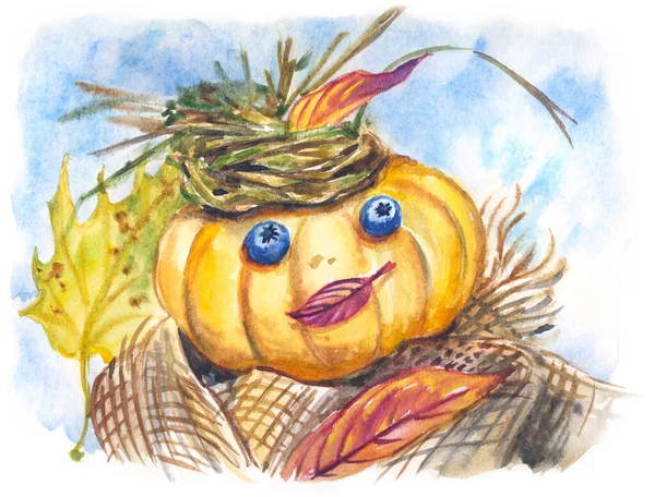南瓜头戴浴巾帽 蓝莓眼睛 秋天红叶嘴 有趣的水彩画 海报印刷品 万圣节或感恩节贺卡和其他图案 — 图库照片