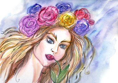 Bir kız, saçlarında ve gözlerinde çiçekler ve otlar olan bir hasat yazının alegorisidir. 