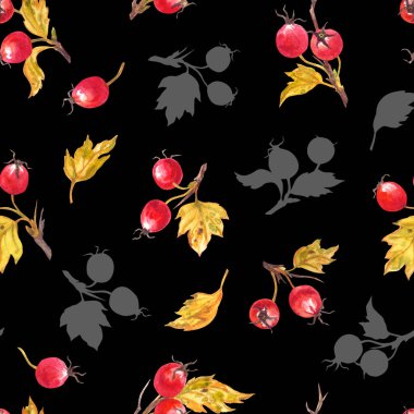 Siyah arkaplanda böğürtlen ve dikenli dalların kusursuz deseni, sonbahar arkaplanı, Şükran Günü tebrik kartları ve diğer tasarımlar için baskı..