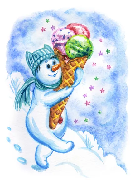 戴着帽子和围巾的雪人带着一个巨大的冰激淋锥 上面有新年 圣诞节或情人节的水彩画 — 图库照片