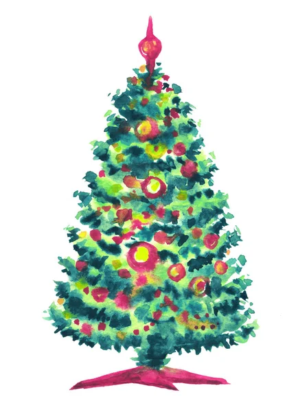 Árbol Navidad Decorado Una Manera Expresiva Acuarela Aislado Sobre Fondo — Foto de Stock