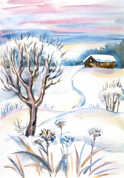 Paisaje Invernal Con Una Casa Árboles Cubiertos Nieve Atardecer Ilustración —  Fotos de Stock