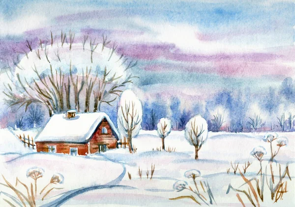 Paisaje Invierno Con Árbol Alto Una Pequeña Casa Nieve Ilustración —  Fotos de Stock