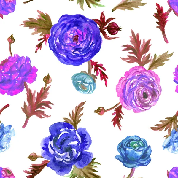 Ranunculus Seamless Pattern Blue Purple Tones White Background Print Fabric — 图库照片