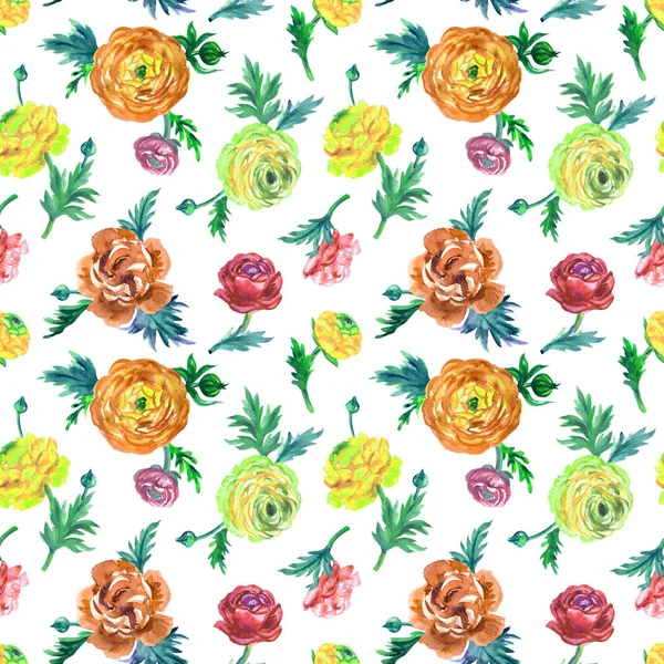 Seamless Pattern Red Yellow Ranunculus White Background Print Fabric Other — Foto Stock