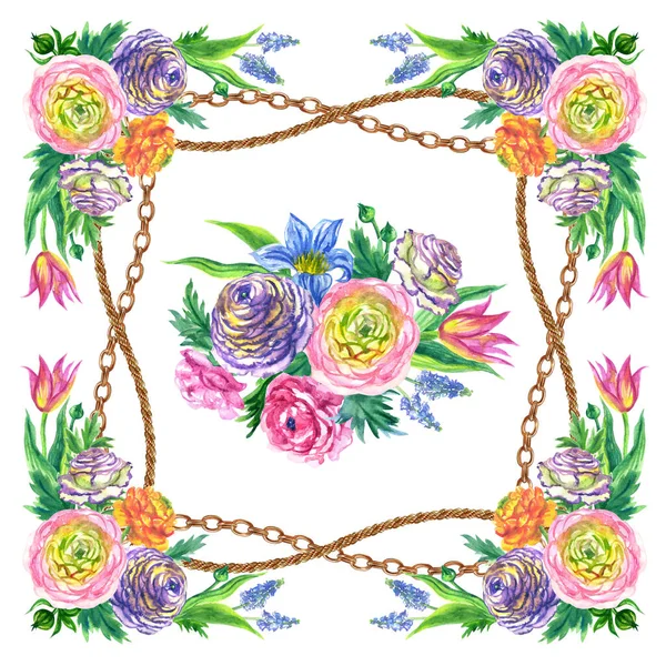 スカーフや他のデザインのためのチェーンと花のパターン 水彩イラスト 白の背景に印刷 隔離された — ストック写真