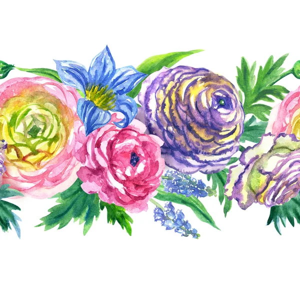 春の花のシームレスな境界ランクラス チューリップ 白い背景にムスカリ 水彩画のイラストに基づいて隔離された 生地のための印刷 家の装飾など — ストック写真