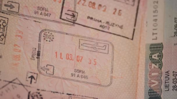 Een paspoort met visum en stempels — Stockvideo