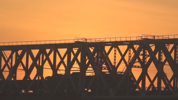 Train on the bridge at sunset. Railroad. — Stock Video