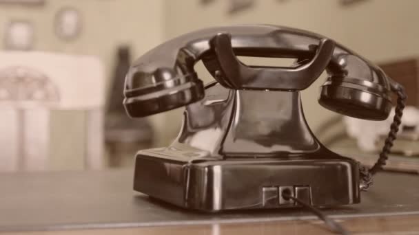 Vintage black telephone. Man dials Sepia — Stock Video