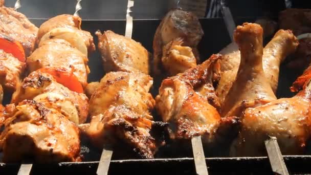 Shish kebab en la parrilla — Vídeos de Stock