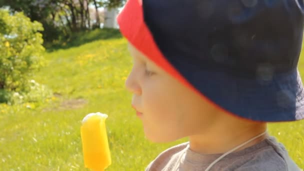 Mały chłopiec, jedzenie lodów w kapeluszu panama na tle przyrody — Wideo stockowe