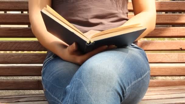 Una joven leyendo un libro en un banco. Parque de verano — Vídeos de Stock