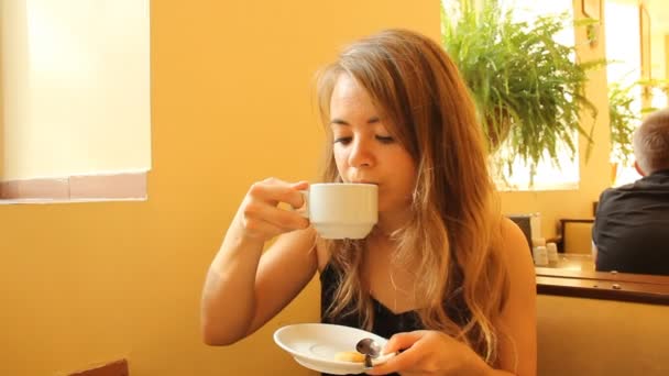 A young girl in a diner (restaurant, cafe) — Stock Video