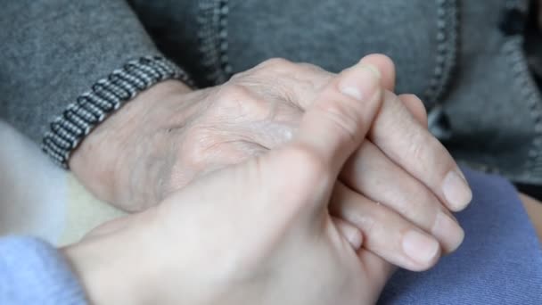 Hand in hand. Hand of an elderly woman in the hand of a young girl — Stock Video