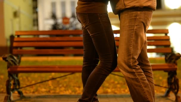 Des jeunes en rendez-vous dans le parc. Soirée, automne — Video