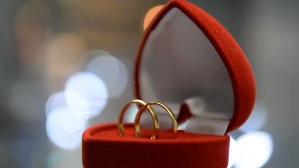 Dva snubní prsteny v krabici. — Stock video