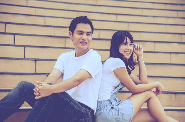 Lovely couple sit on the stairs4 — Stock Photo, Image