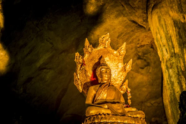 Gyllene buddha staty med stor orm staty i grottan — Stockfoto
