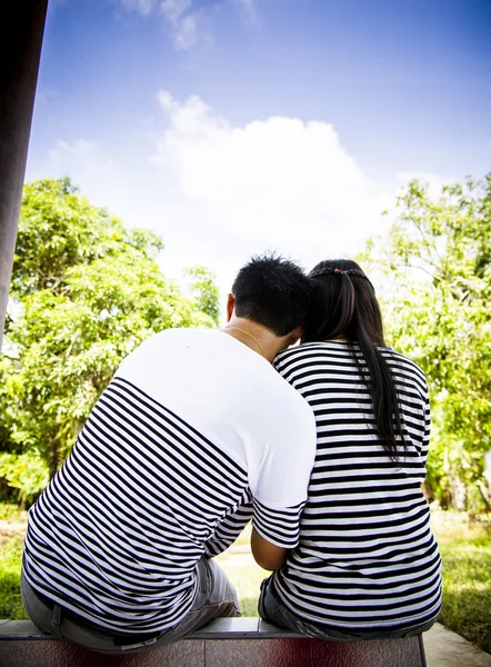 Lovely couple lay head on shoulder — Stock Photo, Image