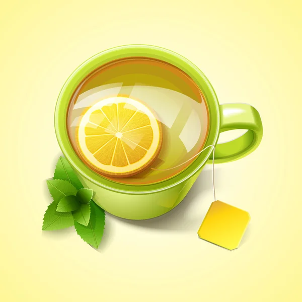 Groene kopje thee met citroen en min — Stockvector