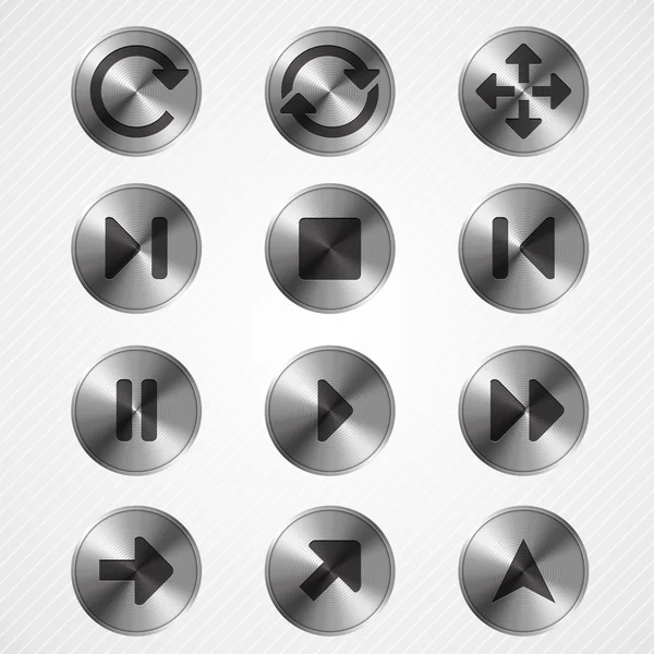 Buttons with metal (chrome) texture and arrows sign — Stock Vector