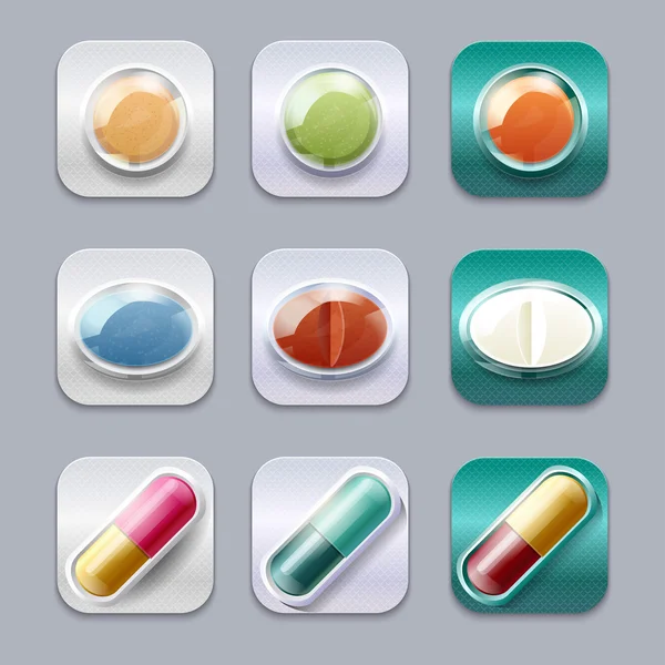 Medicinska piller set, olika färger vektorer samling. — Stock vektor
